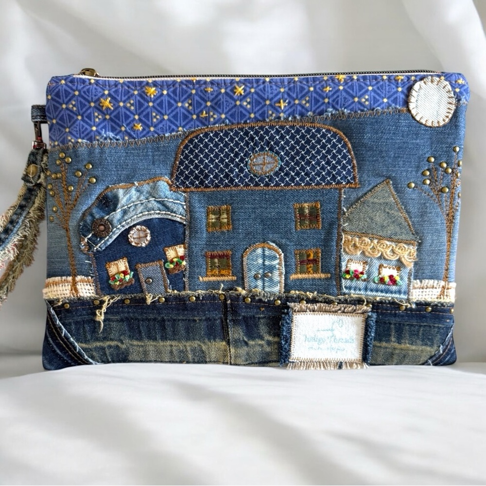 Handmade Denim Patchwork Clutch – shoulder bag & Wristlet with hand Embroidery